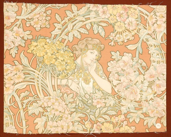 Woman among flowers (printed fabric), 1898-1899. Creator: Mucha, Alfons Marie (1860-1939).