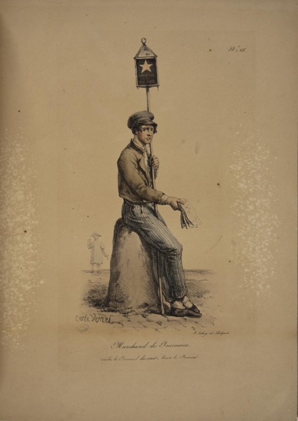 Newspaper seller. From the Series "Cris de Paris" (The Cries of Paris), 1815. Creator: Vernet, Carle (1758-1836).