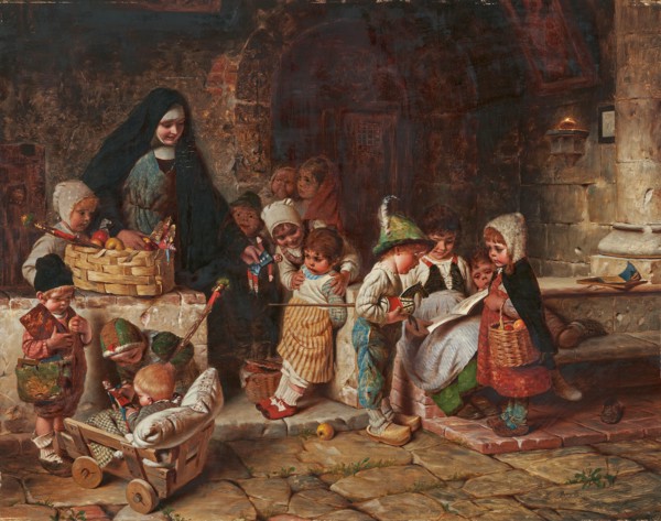 In the orphanage. Young nun distributes toy figures and apples to the children. Creator: Kaulbach, Hermann von (1846-1909).