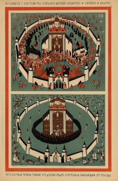 The silver and gold church decorations were paid for by hard-earned kopecks, 1922. Creator: Moor, Dmitri Stachievich (1883-1946).