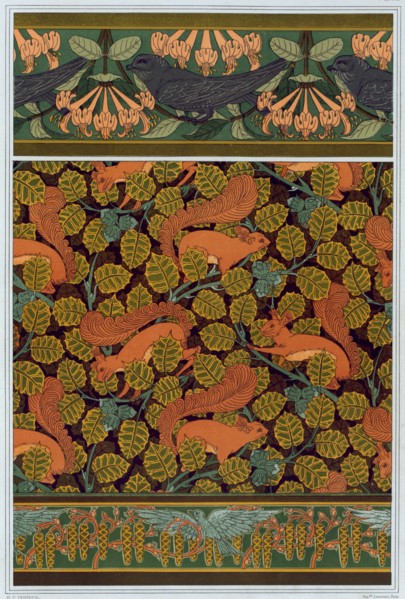 Swifts and honeysuckle. Squirrel and hazelnut. Birds and blooming hazel tree, 1897. Creator: Verneuil, Maurice Pillard (1869-1942).
