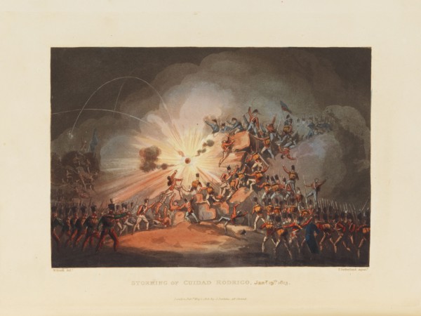 British infantry storm the fortress of Ciudad Rodrigo on January 19, 1812, 1815. Creator: Sutherland, Thomas (1785-1838).