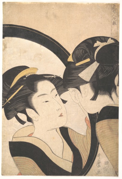 Naniwa Okita admires herself in the mirror, c.1790-1794. Creator: Utamaro, Kitagawa (1753-1806).