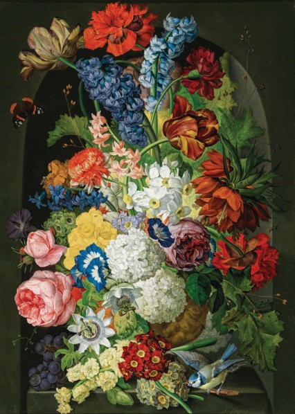 Floral still life with butterfly and blue tit. Creator: Wegmayr, Sebastian (1776-1857).