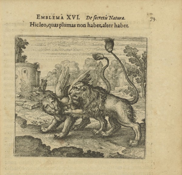 Emblem 16. This lion has no feathers, but that one has. From "Atalanta fugiens" by Michael..., 1618. Creator: Merian, Matthäus, the Elder (1593-1650).