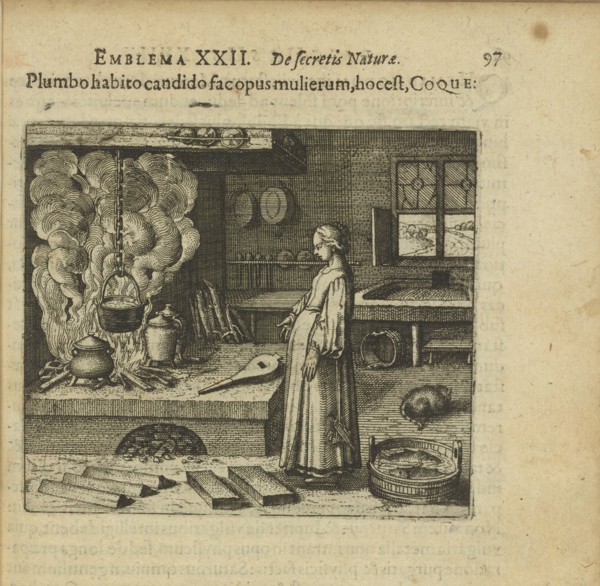 Emblem 22. If you have the white lead, do the woman's work, that is, cooking, 1618. Creator: Merian, Matthäus, the Elder (1593-1650).