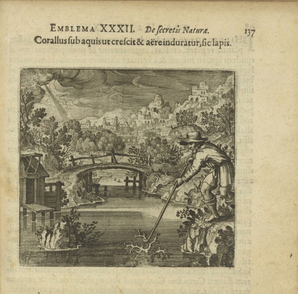 Emblem 32. The coral as it grows under the water and is hardened by air, so does the stone, 1816. Creator: Merian, Matthäus, the Elder (1593-1650).