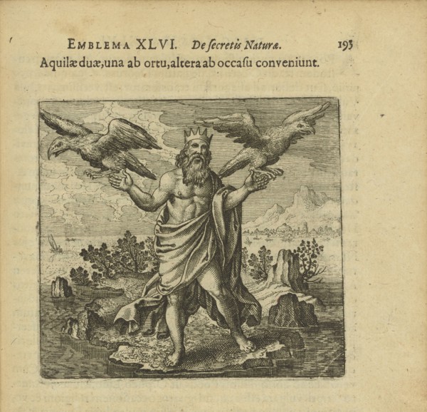 Emblem 46. Two eagles, one from the east, the other from the west, come together, 1816. Creator: Merian, Matthäus, the Elder (1593-1650).
