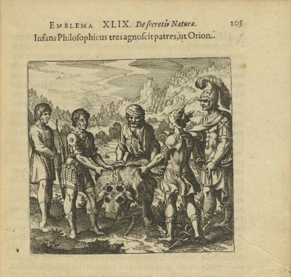 Emblem 49. The philosophical child recognizes three fathers, like Orion, 1816. Creator: Merian, Matthäus, the Elder (1593-1650).