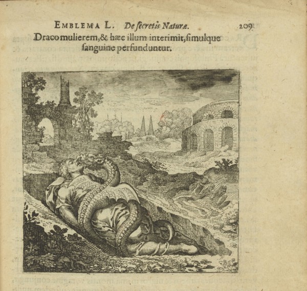 Emblem 50. The dragon killed the woman and she killed him, and both are covered in blood, 1816. Creator: Merian, Matthäus, the Elder (1593-1650).