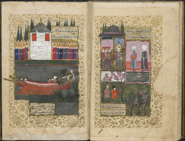 The new kiosk and caique built by Osman II, from Sehname-i Nadiri (Topkapi Palace Museum..., c.1622. Creator: Turkish Master.
