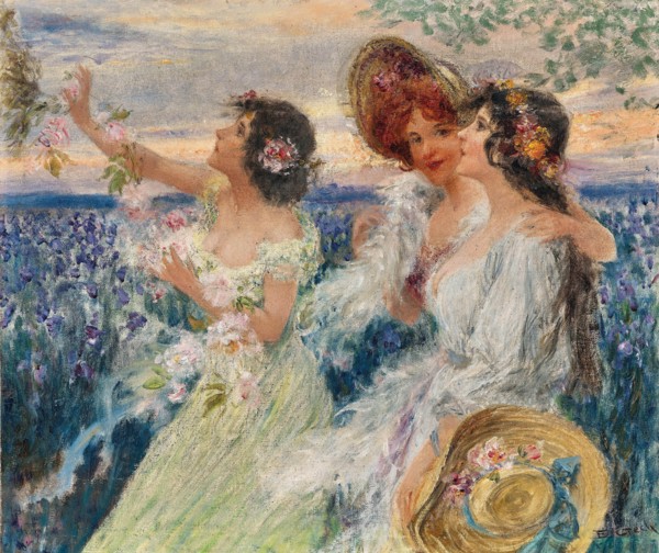 Spring, three ladies in front of a field of lilies. Creator: Czech, Emil (1862-1929).