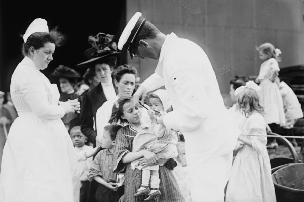 Hospital boat, a mother, her child, and a doctor, upper deck, 1910. Creator: Bain News Service.