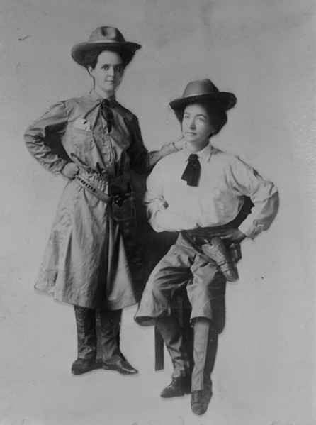 Mrs. Bessie Jenkins and Mrs. Cary Seely dressed up in cowboy outfits, 1910. Creator: Bain News Service.