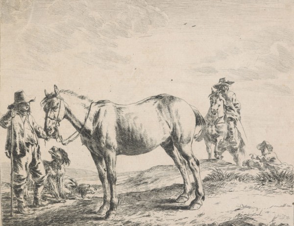 Horse, peasant, man and two dogs, 1651. Creator: Dirck Stoop.