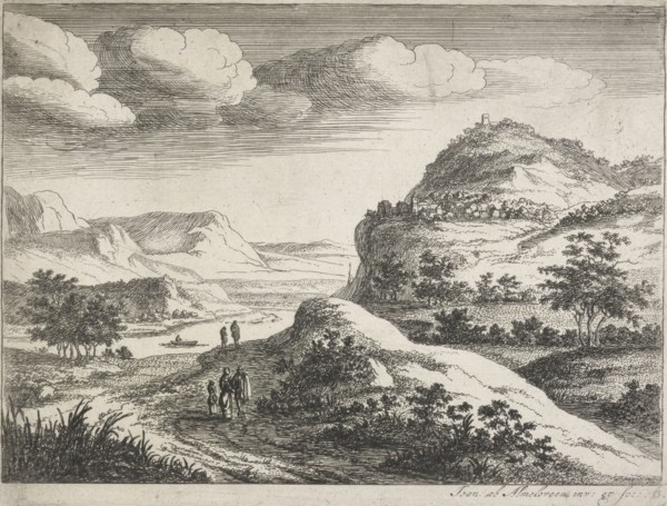 Six landscapes. Plate 6: Three figures standing on a country road, 1683. Creator: Jan van Almeloveen.