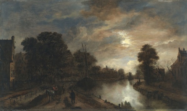 Moonlit Landscape with a Road beside a canal, 1645. Creator: Aert van der Neer.