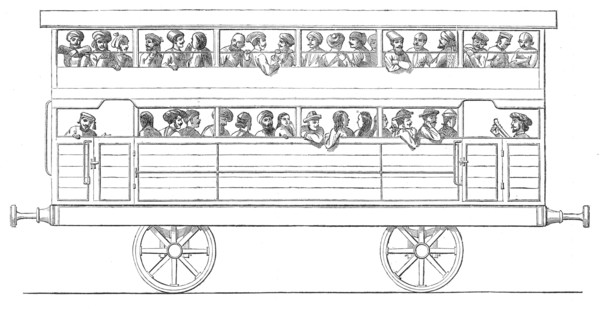 Two-storied third-class carriage on the Bombay, Baroda, and Central India Railway, 1864. Creator: Unknown.