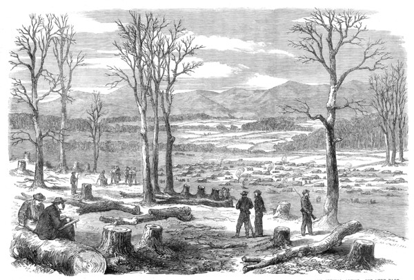 The War in America: winter quarters of the left wing of the Confederate Army on the Rapidan..., 1864 Creator: Unknown.