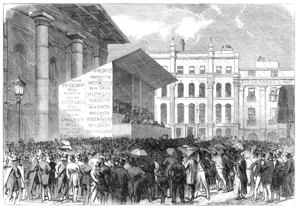 The Elections in the Metropolitan Boroughs: Westminster...the nomination in Covent-Garden, 1865. Creator: Unknown.