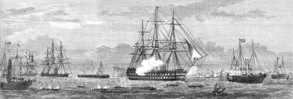 The British Channel Squadron entering Cherbourg Harbour, 1865. Creator: Unknown.
