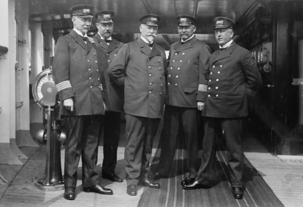 On the Imperator, Capt. H. von Meibom, Com. Ruser, Capt. A. Hoefer, Capt. H. Schetelig..., 1913. Creator: Bain News Service.