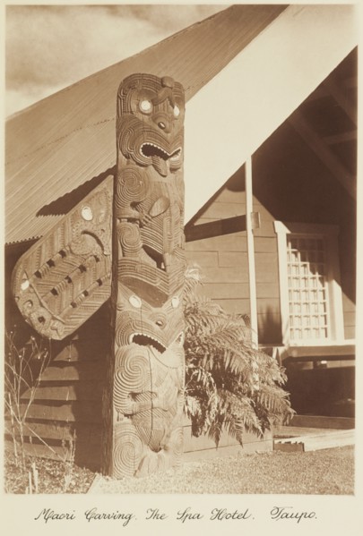 Maori carving, the Spa Hotel, Taupo. From the album: Record Pictures of New Zealand, 1920s. Creator: Harry Moult.