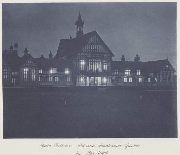 Main bathouse (sic), Rotorua Sanatorium grounds by moonlight, 1920s. Creator: Harry Moult.