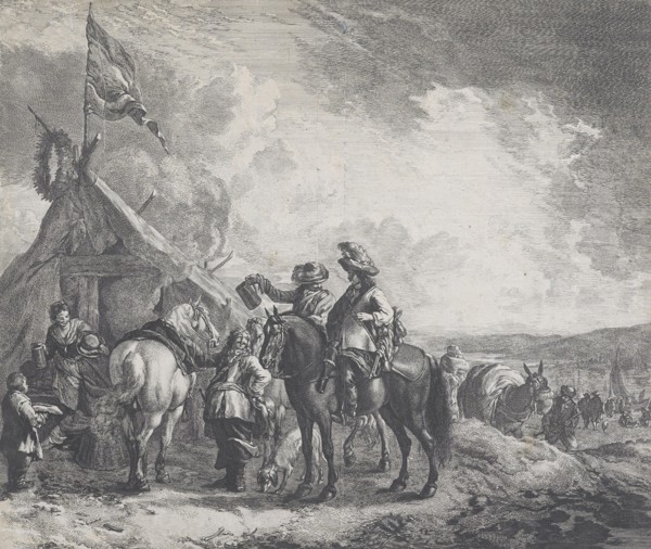 Encampments: A military encampment with a tent flying a flag,  c.1670. Creator: Jan de Visscher.