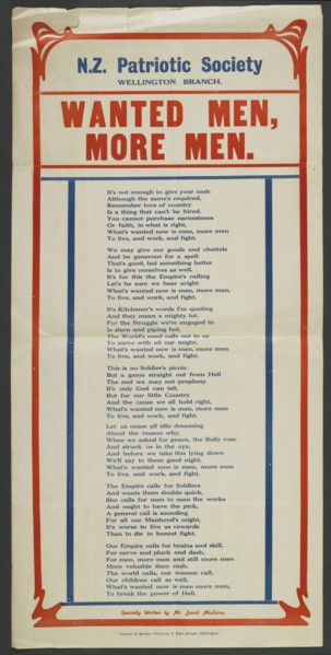Poster, 'N.Z. Patriotic Society',  1915-1916. Creator: Yeoman & Barker.