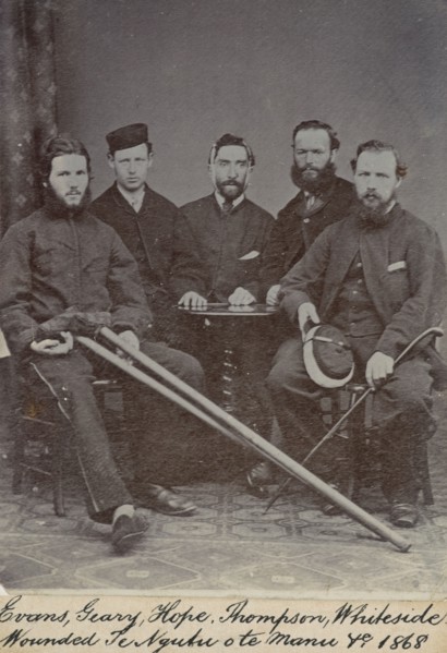 Evans, Geary, Hope, Thompson, Whiteside, wounded Te Ngutu o te Manu 1868,  c.1900. Creator: William Francis Gordon.