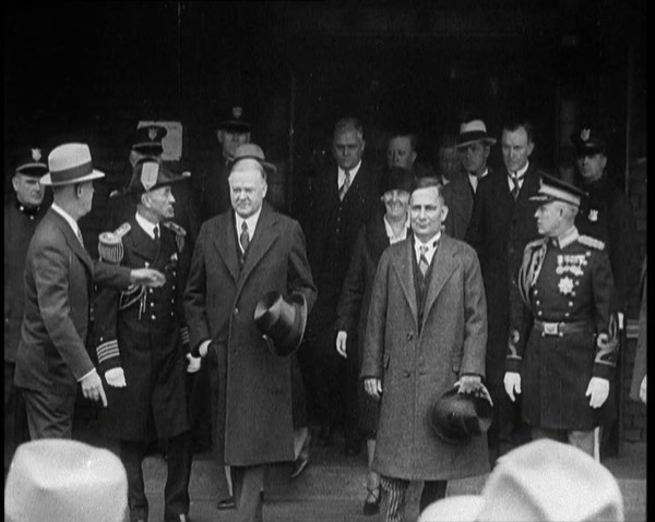 United States of America's President Herbert Clark Hoover Emerging from a Building with the..., 1930 Creator: British Pathe Ltd.