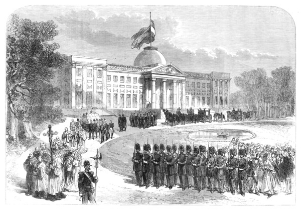 Funeral procession of the Prince Royal of Belgium leaving the Palace of Laeken, 1869. Creator: Unknown.