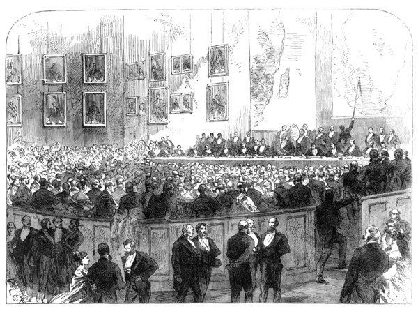 Mr. Young describing his search for Dr. Livingstone, meeting of the Royal Geographical Society, 1868 Creator: Unknown.