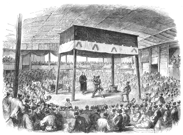 Sketches from Japan: wrestling at Osaka, 1868. Creator: Unknown.