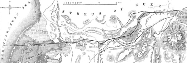 The Isthmus of Suez Maritime Canal: plan of the canal, with the small fresh-water canal, 1869. Creator: Unknown.