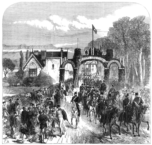 The Volunteer Review at Portsmouth: the 1st Middlesex Artillery,...Cosham,...Good Friday, 1868. Creator: C. R..