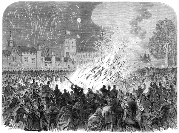 Visit of the Prince and Princess of Wales to Melford Hall, Suffolk: the bonfire on the Green, 1865. Creator: Unknown.