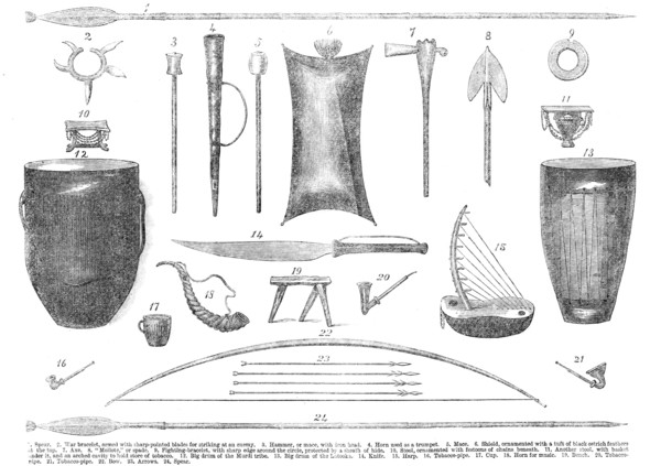Weapons and implements of the tribes of Central Africa, visited by Mr. S. W. Baker, 1865. Creator: Unknown.