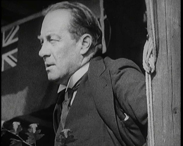 British President of the Board of Trade Stanley Baldwin Giving a Speech from a Platform in..., 1922. Creator: British Pathe Ltd.