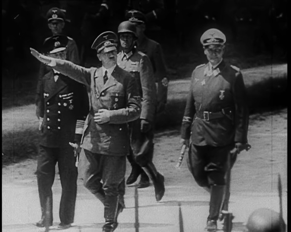 Adolf Hitler Saluting as He, Hermann Goering and Others Arriving at Compiegne to Receive..., 1940. Creator: British Pathe Ltd.