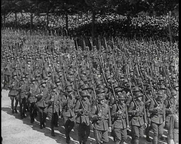 Lines of Male French Soldiers Marching Down the Champs Elysees During a Bastille Day..., 1939. Creator: British Pathe Ltd.