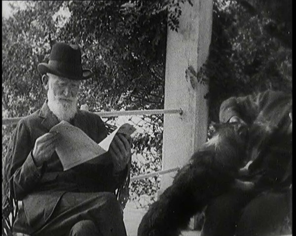 George Bernard Shaw and a Male Civilian Sitting in a Garden, 1920s. Creator: British Pathe Ltd.