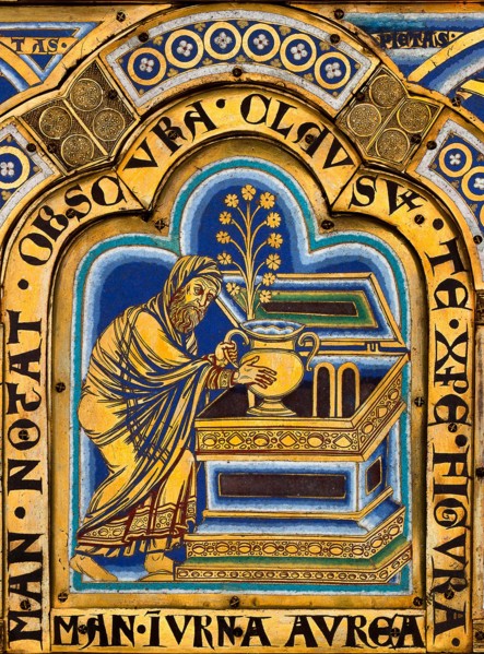 The Verdun Altar: Aaron puts a golden jar with manna into the Ark of the Covenant, 1181. Creator: Nicholas of Verdun (ca 1130/40-after 1205).
