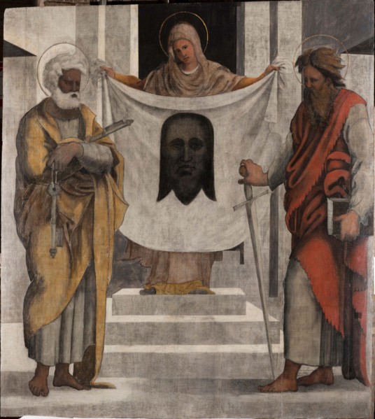 Veronica between Saints Peter and Paul, 1524-1525. Creator: Ugo da Carpi (1480-1532).