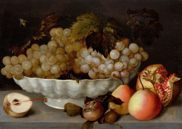 Still life with grapes in a white ceramic bowl, a pomegranate and pears on a..., early 17th cen.. Creator: Galizia; Fede (1578-1630).