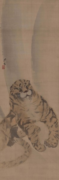 Part of a diptych depicting a quietly crouched tiger, 1820. Creator: Gessho; Cho (1772-1832).