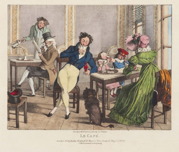 In the cafe. From: Twenty four subjects exhibiting the costume of Paris, 1822. Creator: Chalon; John James (1778-1854).