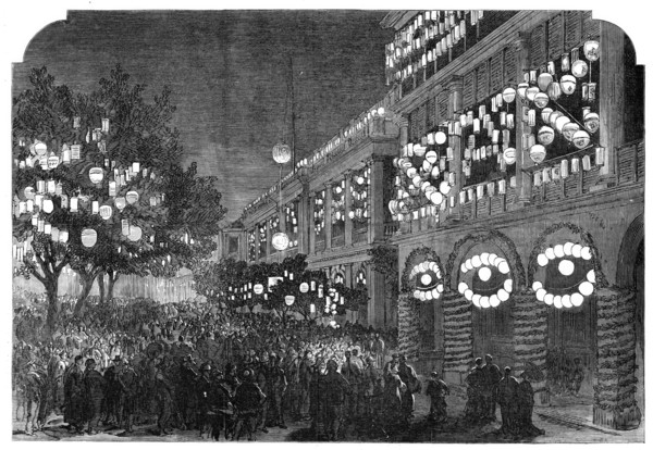The Duke of Edinburgh in China: the Hong-Kong Club illuminated, 1870. Creator: Unknown.