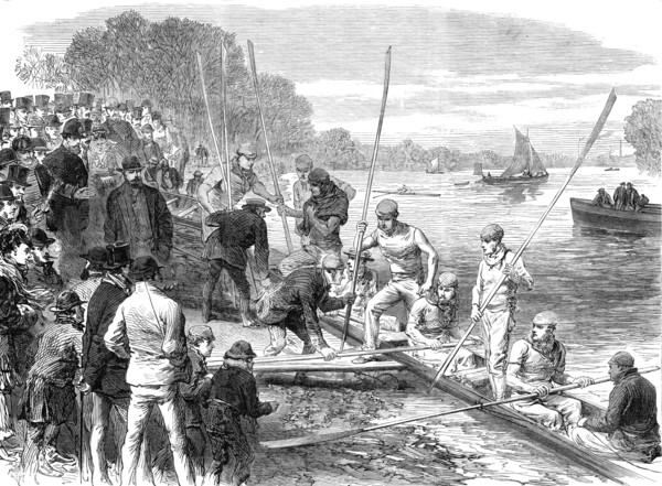 The Cambridge University boat crew returning from practice, 1870. Creator: Unknown.